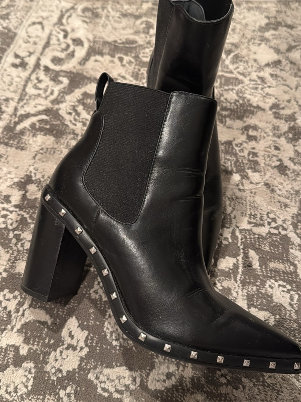 Charles David Black Leather Studded Pointed-Toe Ankle Boots